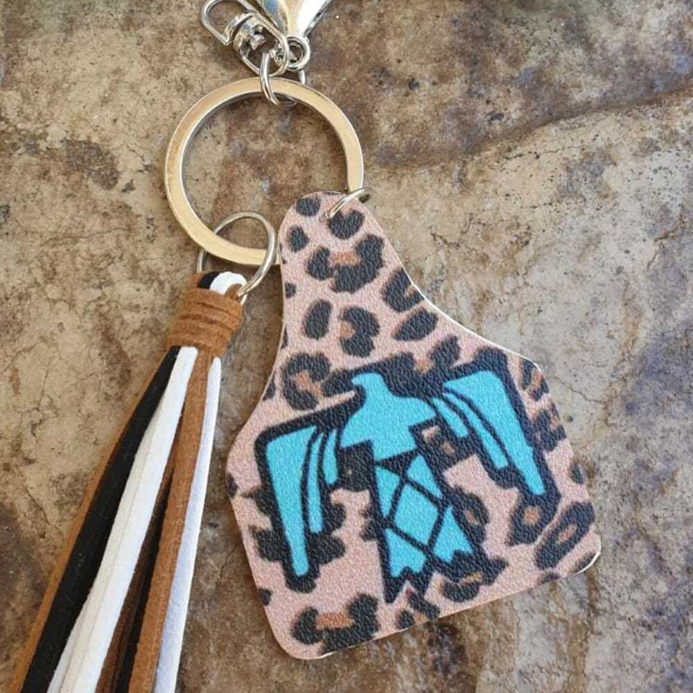 Leopard Eagle design Faux Leather Tassel Key Chain Key Ring Unisex Handbag Charm